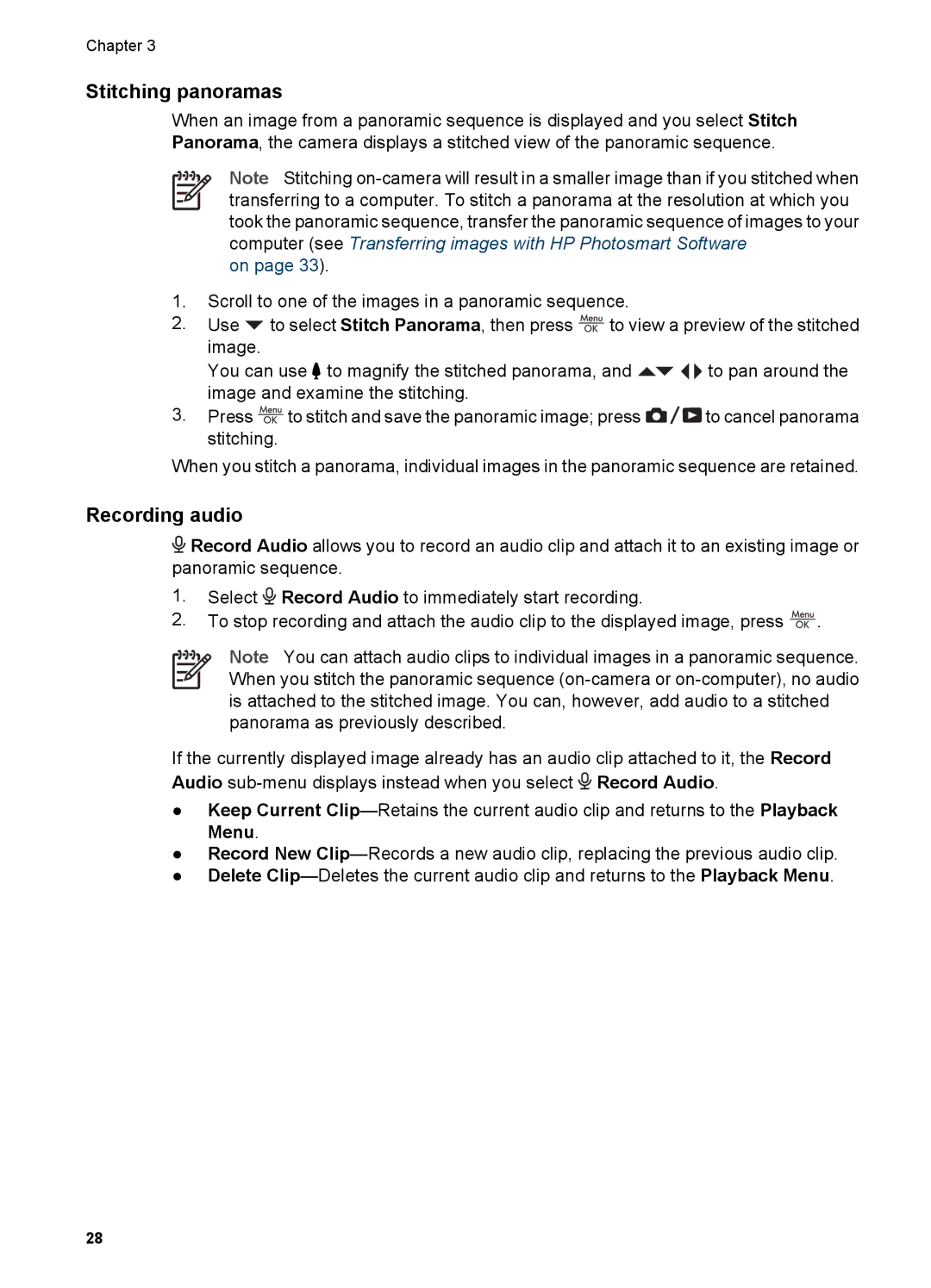 HP R827 manual Stitching panoramas, Recording audio 