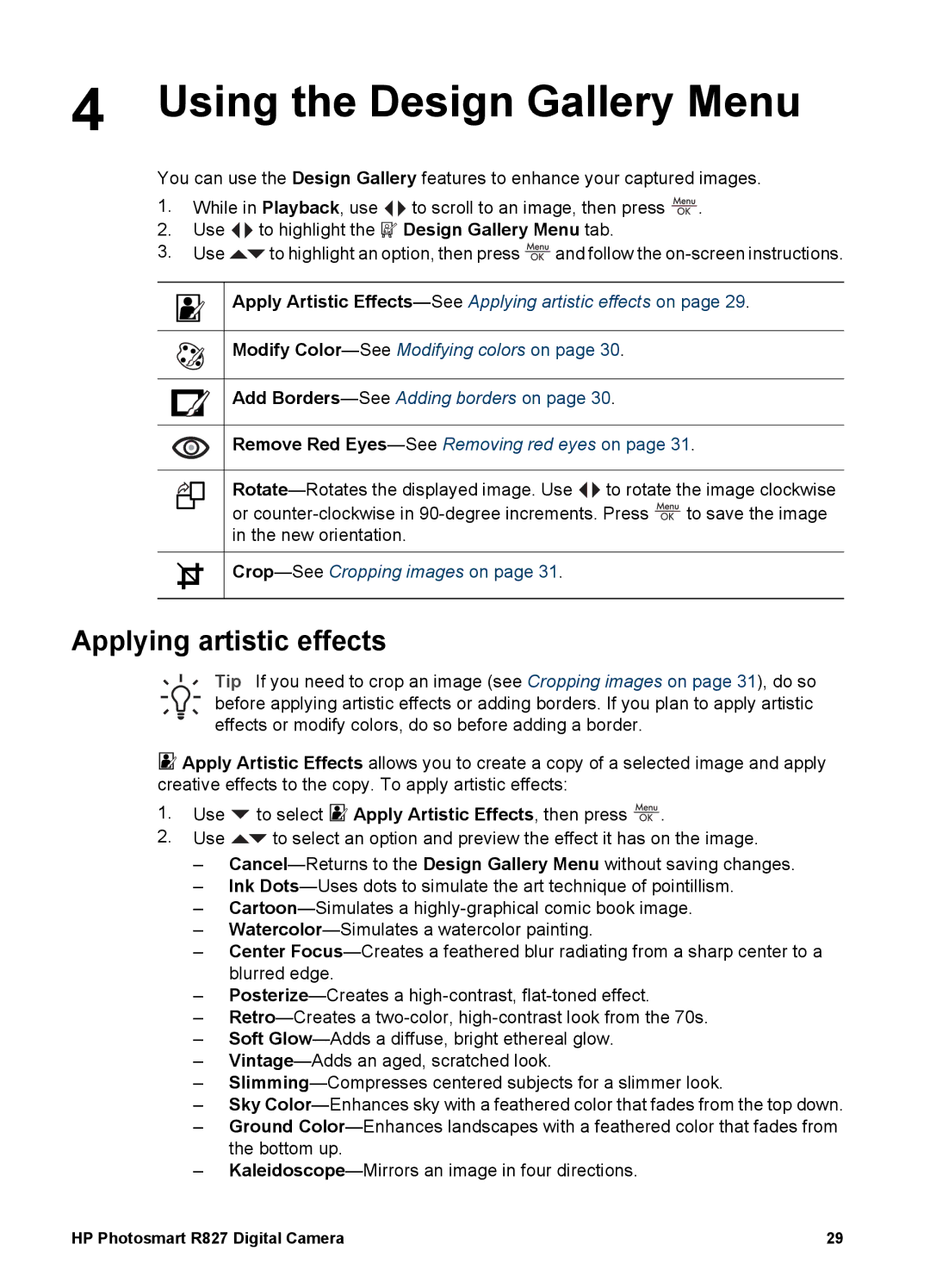 HP R827 manual Using the Design Gallery Menu, Applying artistic effects 