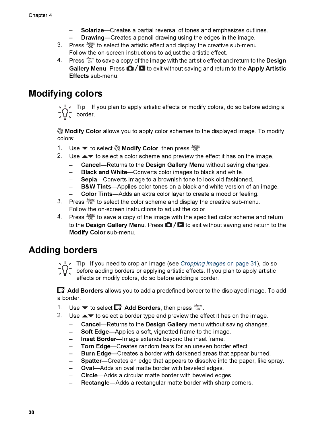 HP R827 manual Modifying colors, Adding borders 