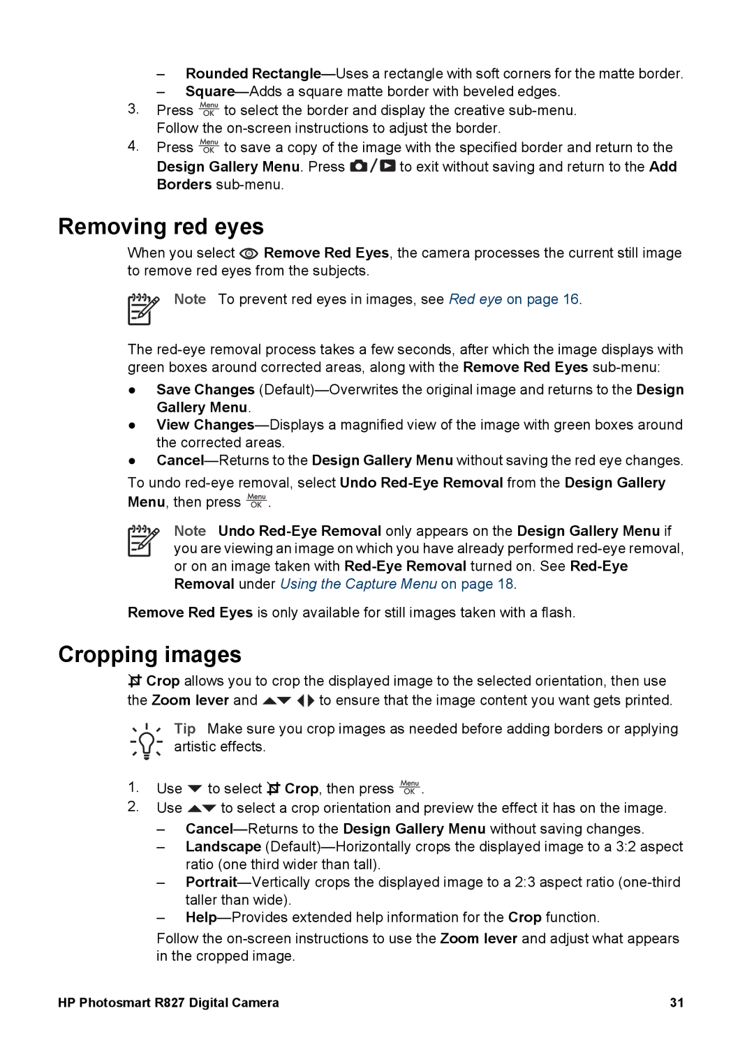 HP R827 manual Removing red eyes, Cropping images 