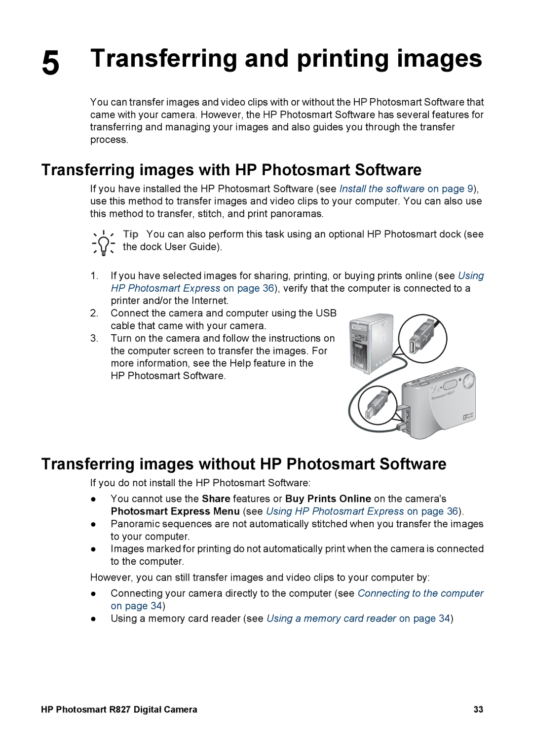 HP R827 manual Transferring and printing images, Transferring images with HP Photosmart Software 