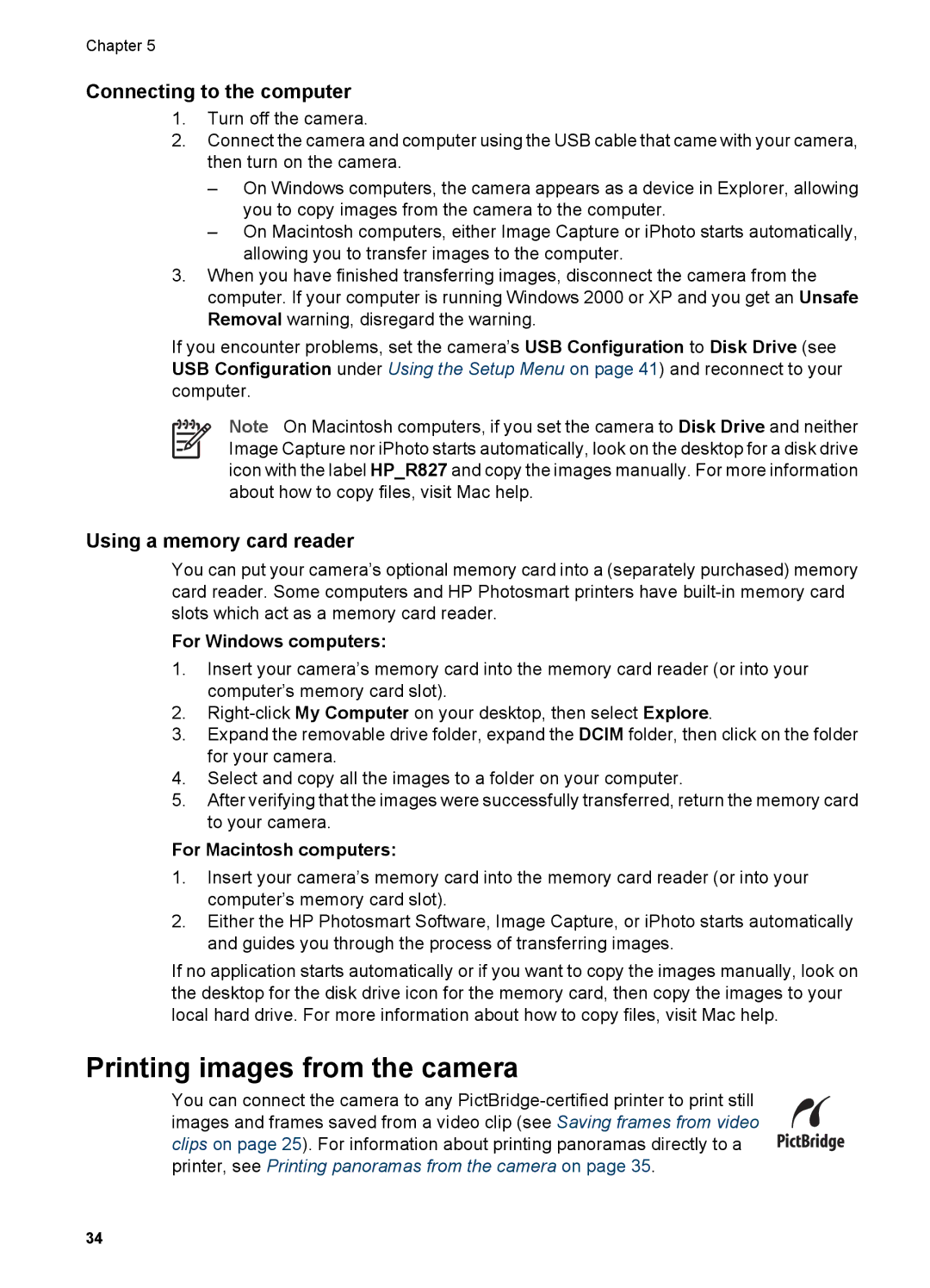 HP R827 Printing images from the camera, Connecting to the computer, Using a memory card reader, For Windows computers 