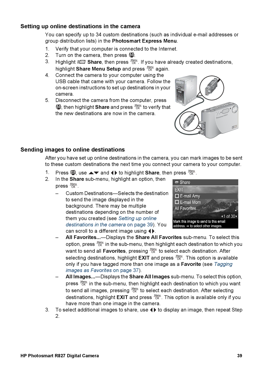 HP R827 manual Setting up online destinations in the camera, Sending images to online destinations 