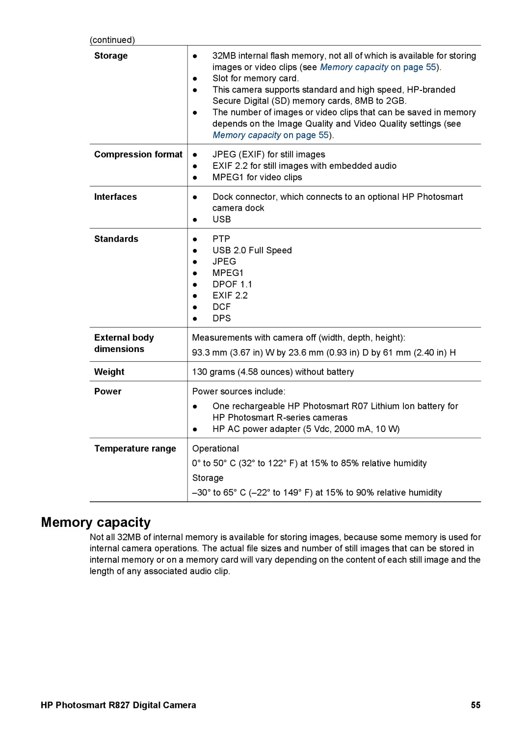 HP R827 manual Memory capacity 