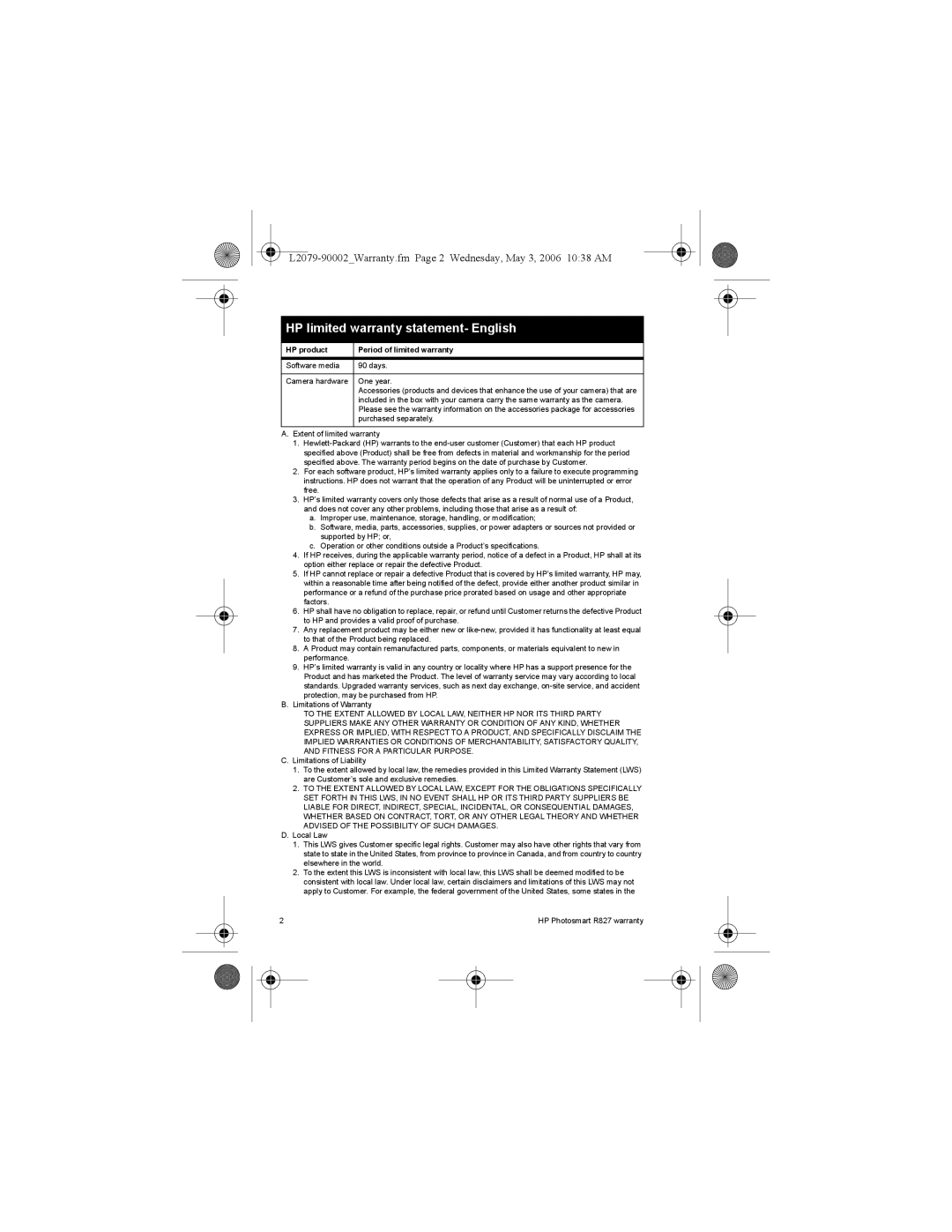 HP R827 manual HP limited warranty statement- English, HP product Period of limited warranty, Purchased separately 