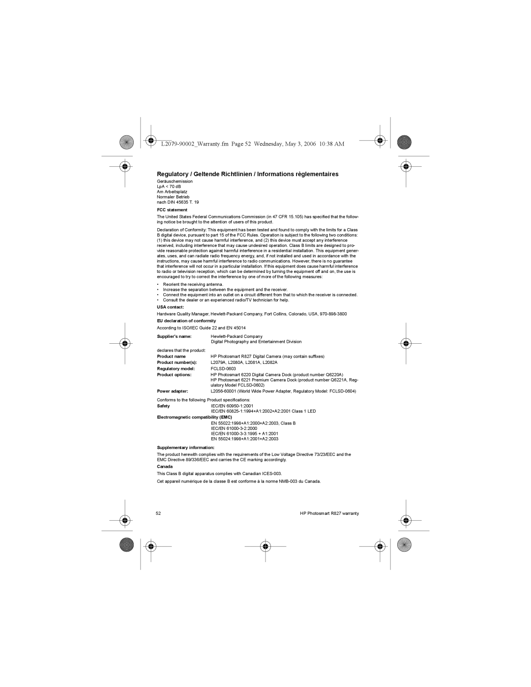 HP R827 FCC statement, USA contact, EU declaration of conformity, Suppliers name, Product name, Product numbers, Safety 