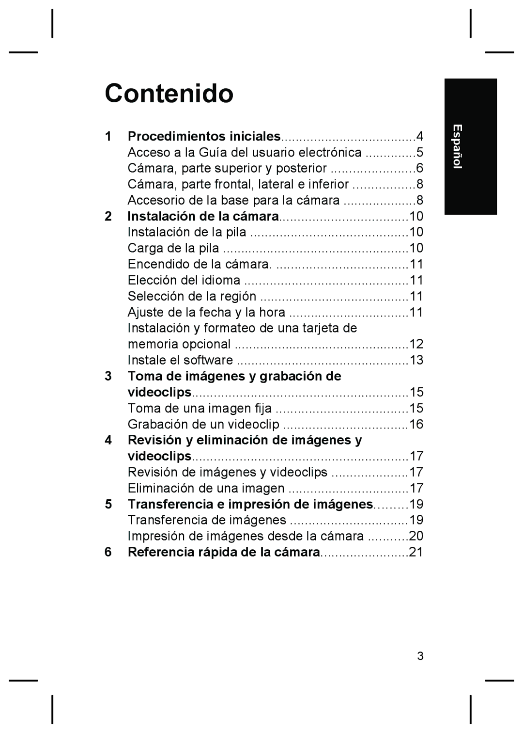 HP R827 Contenido, Toma de imágenes y grabación de, Revisión y eliminación de imágenes y, Referencia rápida de la cámara 