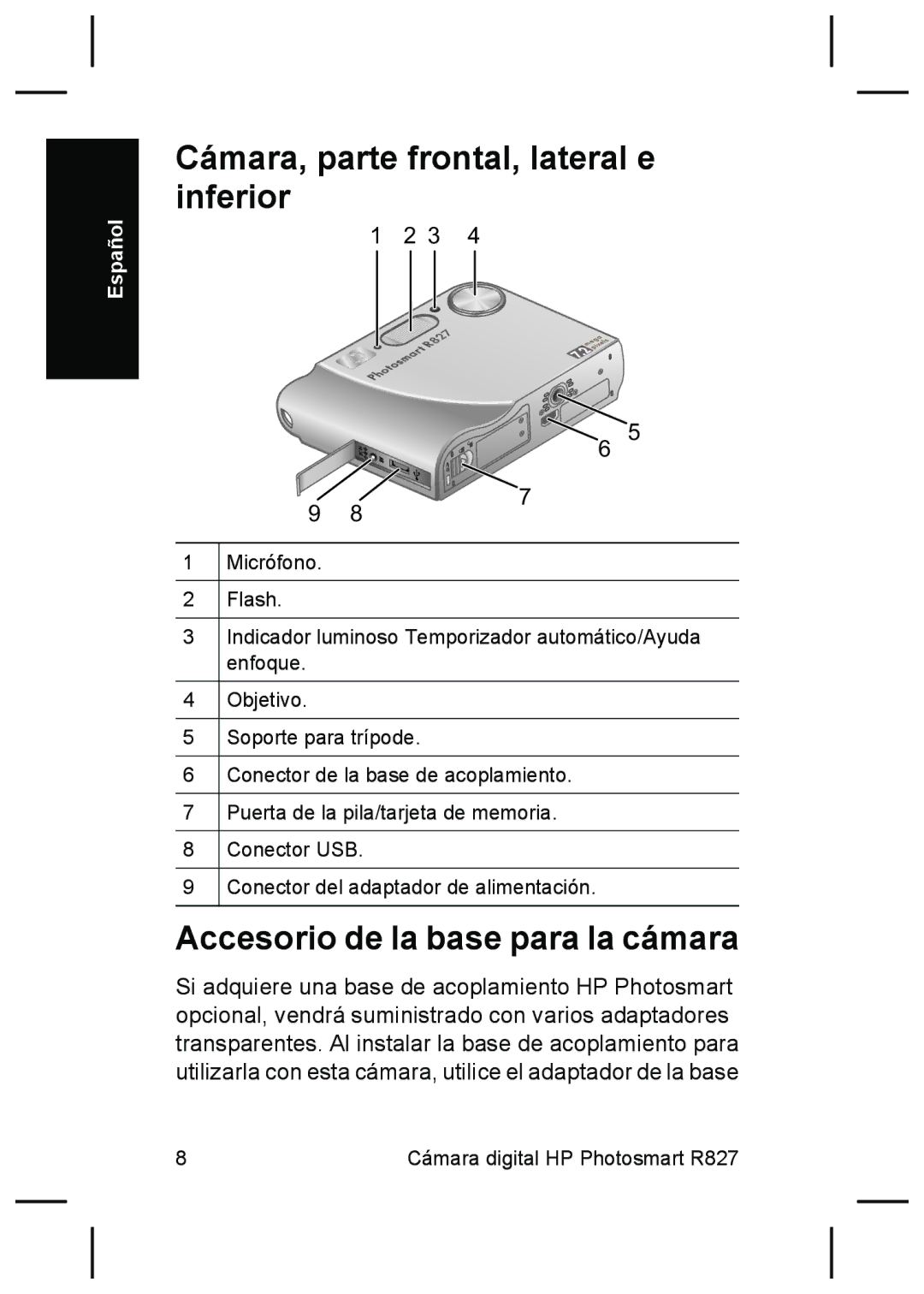 HP R827 manual Cámara, parte frontal, lateral e inferior, Accesorio de la base para la cámara 