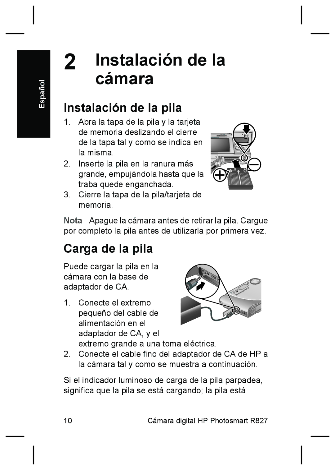 HP R827 manual Cámara, Instalación de la pila, Carga de la pila 