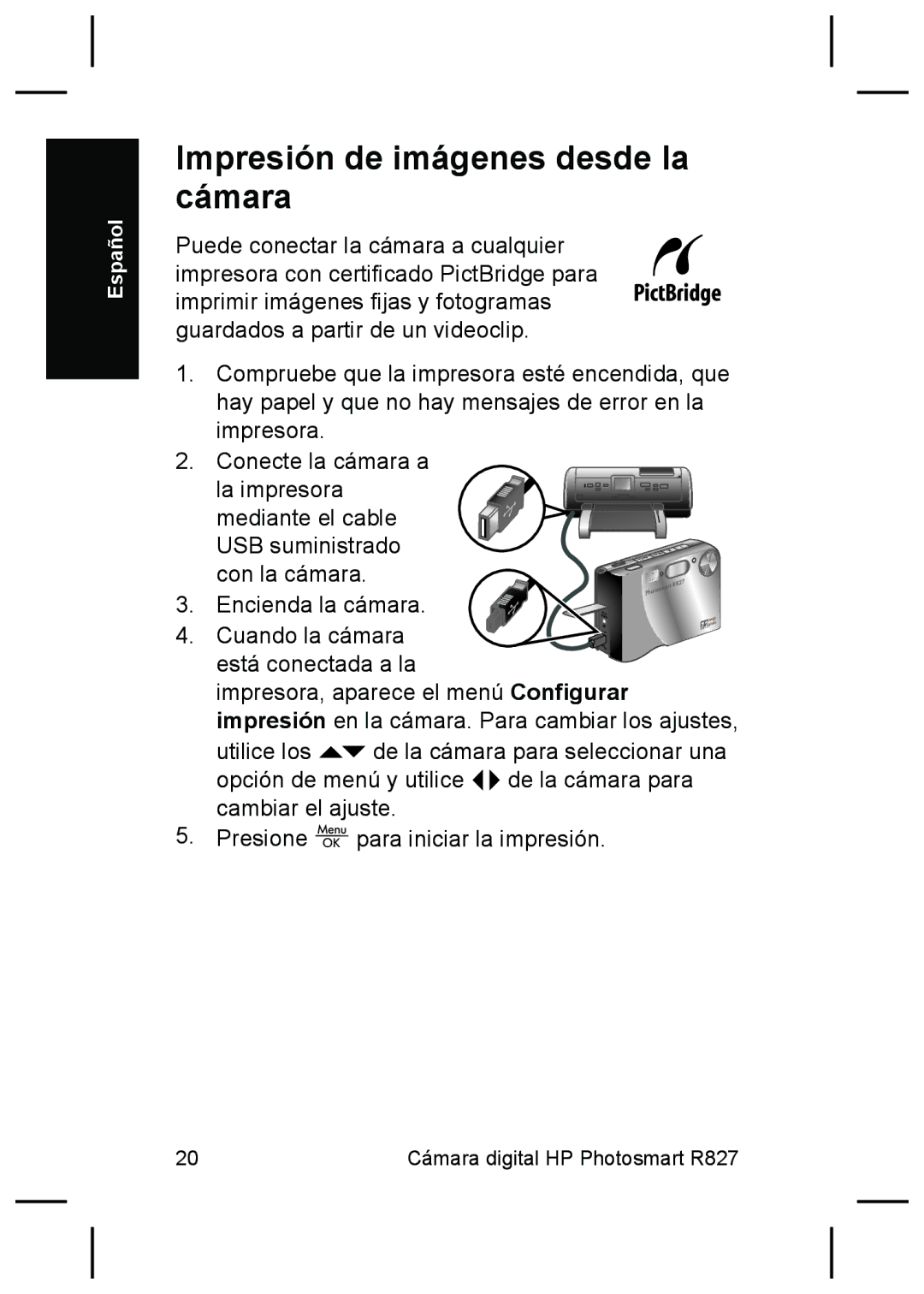 HP R827 manual Impresión de imágenes desde la cámara 