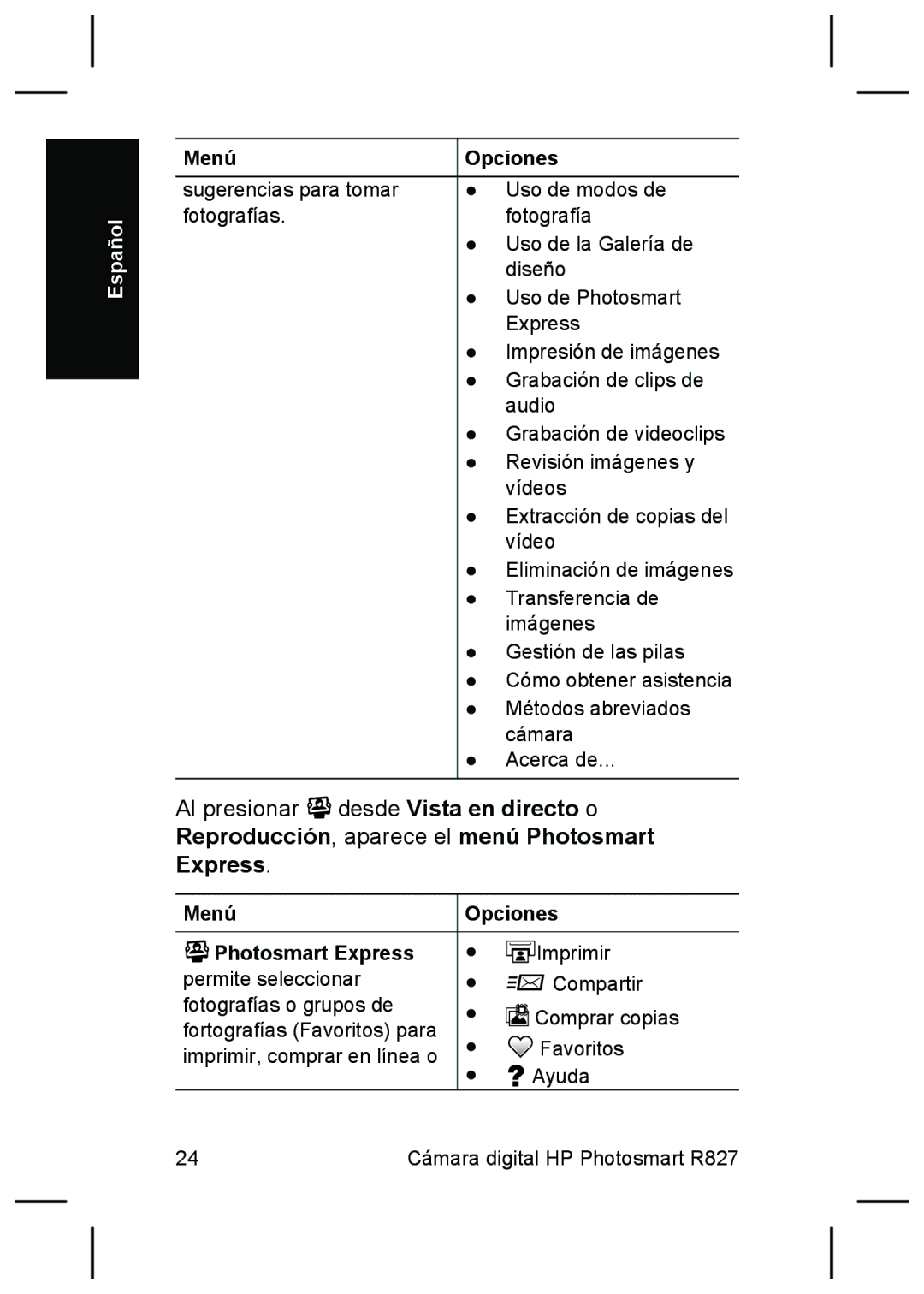 HP R827 manual Menú Opciones Photosmart Express 