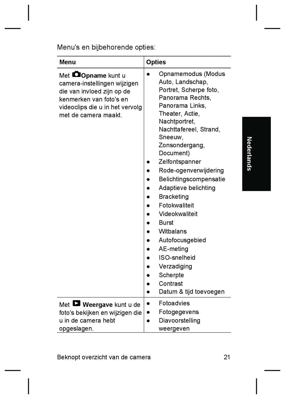 HP R827 manual Menu Opties, Opname kunt u, Weergave kunt u de 