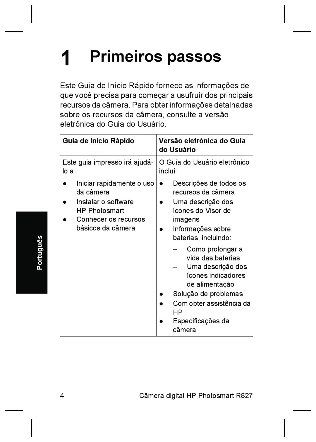 HP R827 manual Primeiros passos, Guia de Início Rápido Versão eletrônica do Guia Do Usuário 