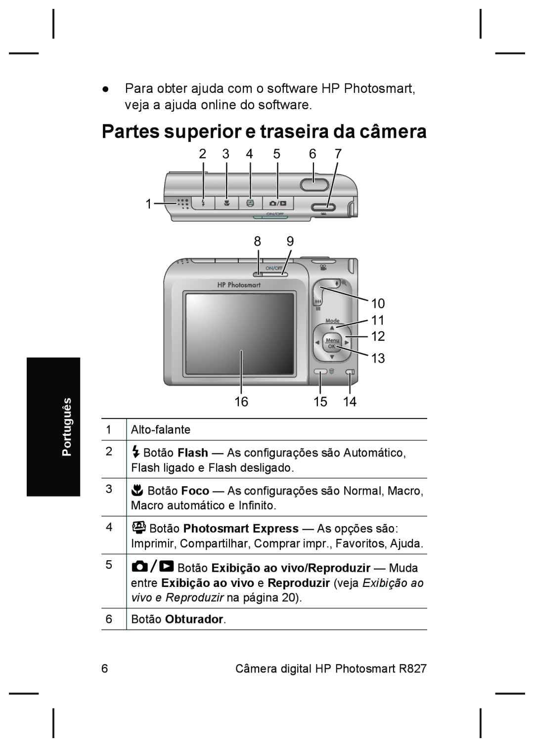 HP R827 manual Partes superior e traseira da câmera 