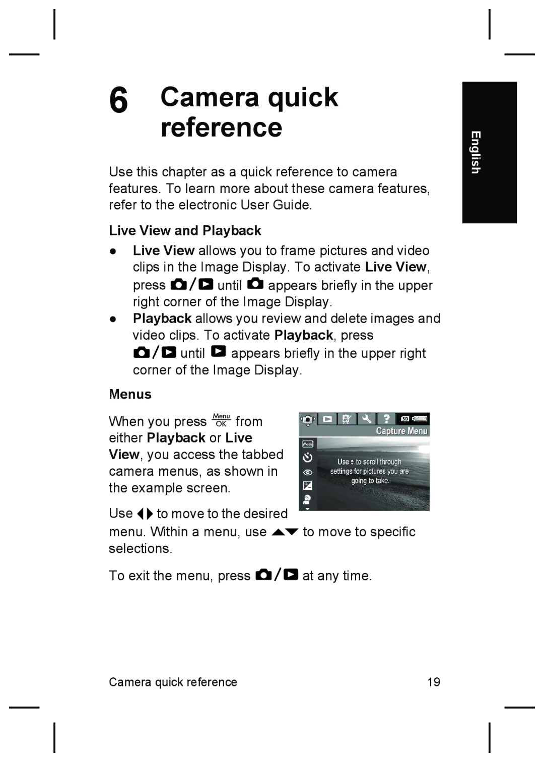 HP R827 manual Camera quick reference, Live View and Playback, Menus 