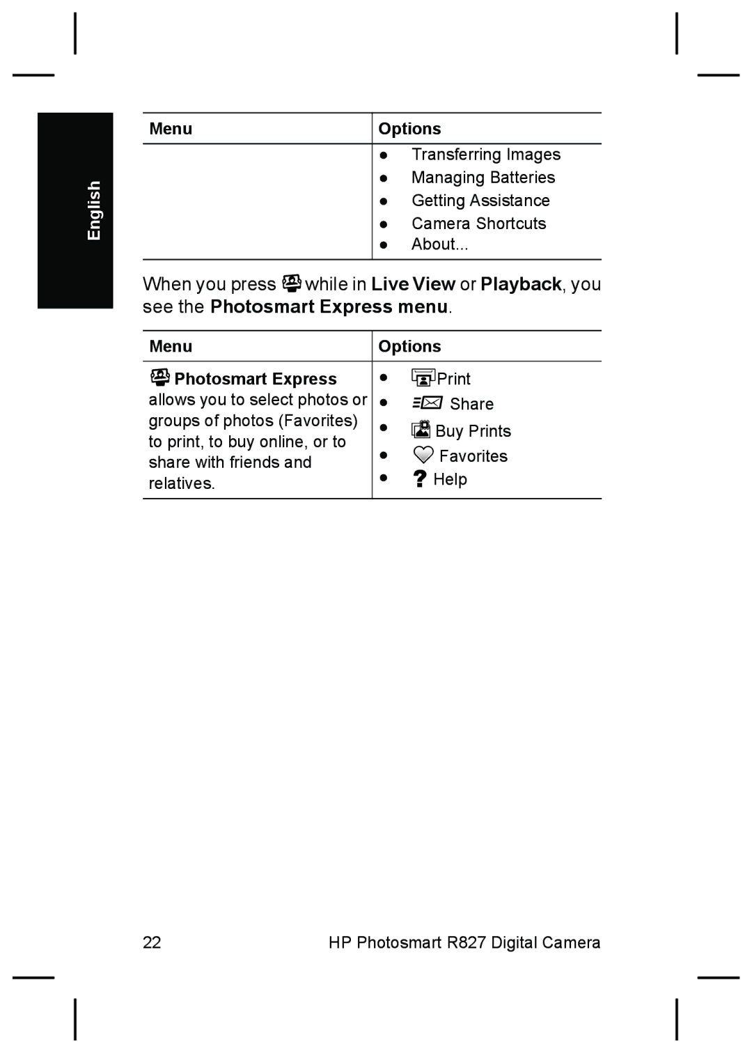 HP R827 manual Menu Options Photosmart Express 