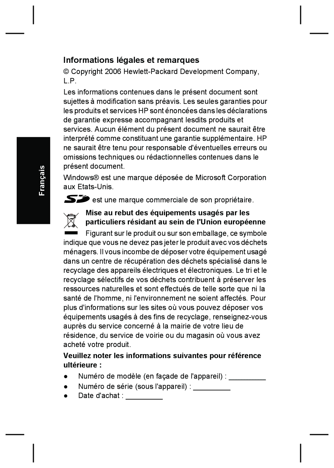 HP R827 manual Informations légales et remarques 