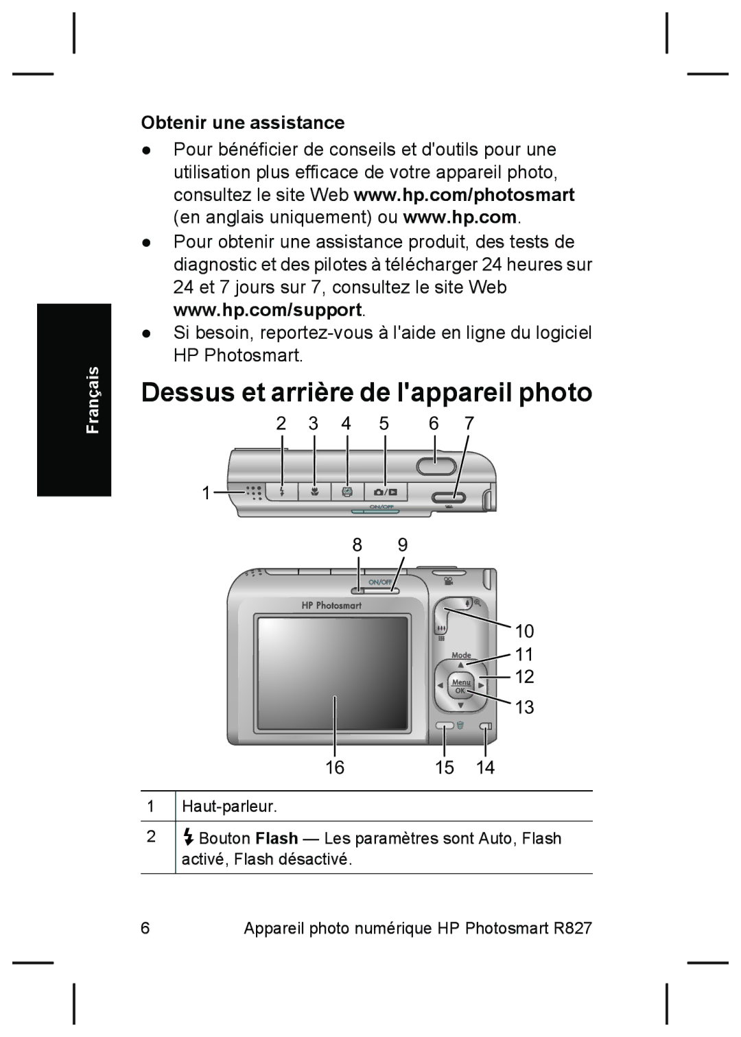 HP R827 manual Dessus et arrière de lappareil photo, Obtenir une assistance 