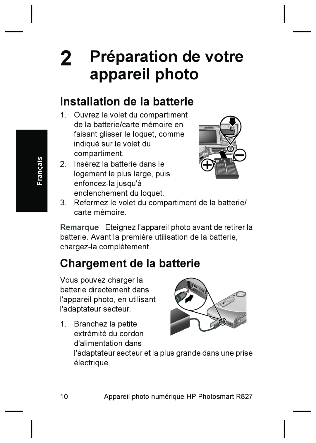 HP R827 manual Préparation de votre, Appareil photo, Installation de la batterie, Chargement de la batterie 