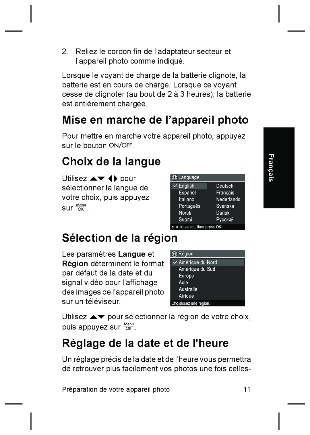 HP R827 Mise en marche de l’appareil photo, Choix de la langue, Sélection de la région, Réglage de la date et de lheure 