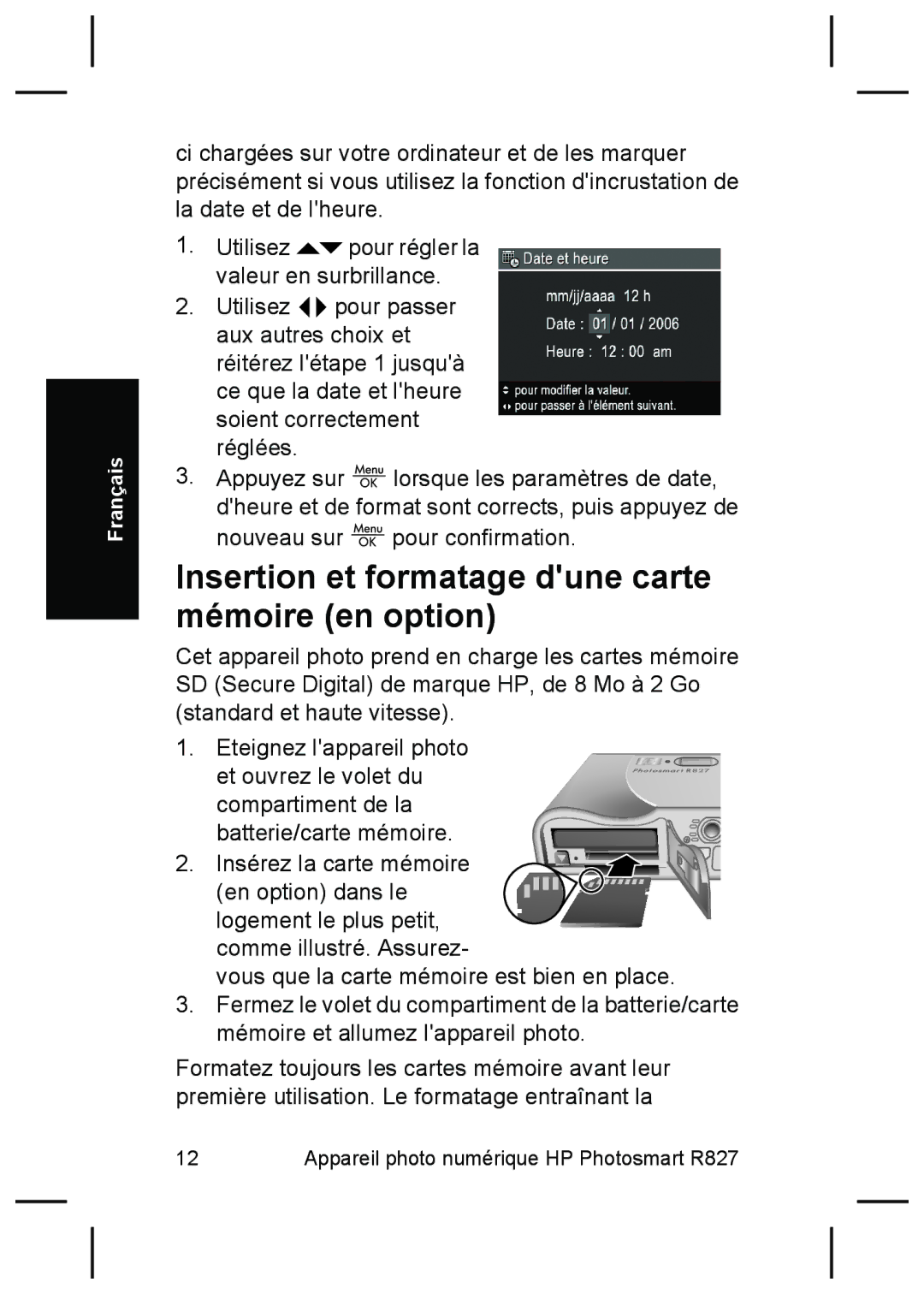 HP R827 manual Insertion et formatage dune carte mémoire en option 