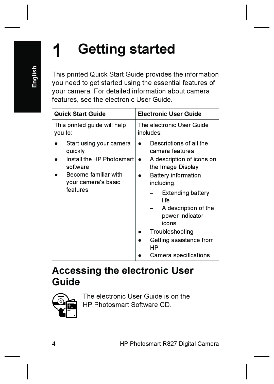 HP R827 manual Getting started, Accessing the electronic User Guide, Quick Start Guide Electronic User Guide 