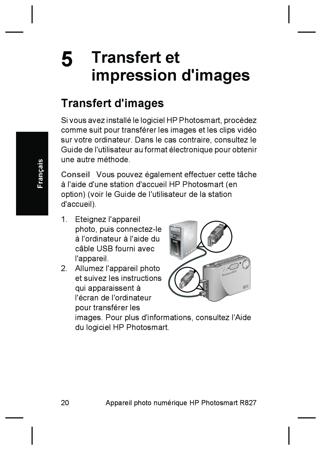 HP R827 manual Transfert et impression dimages, Transfert dimages 