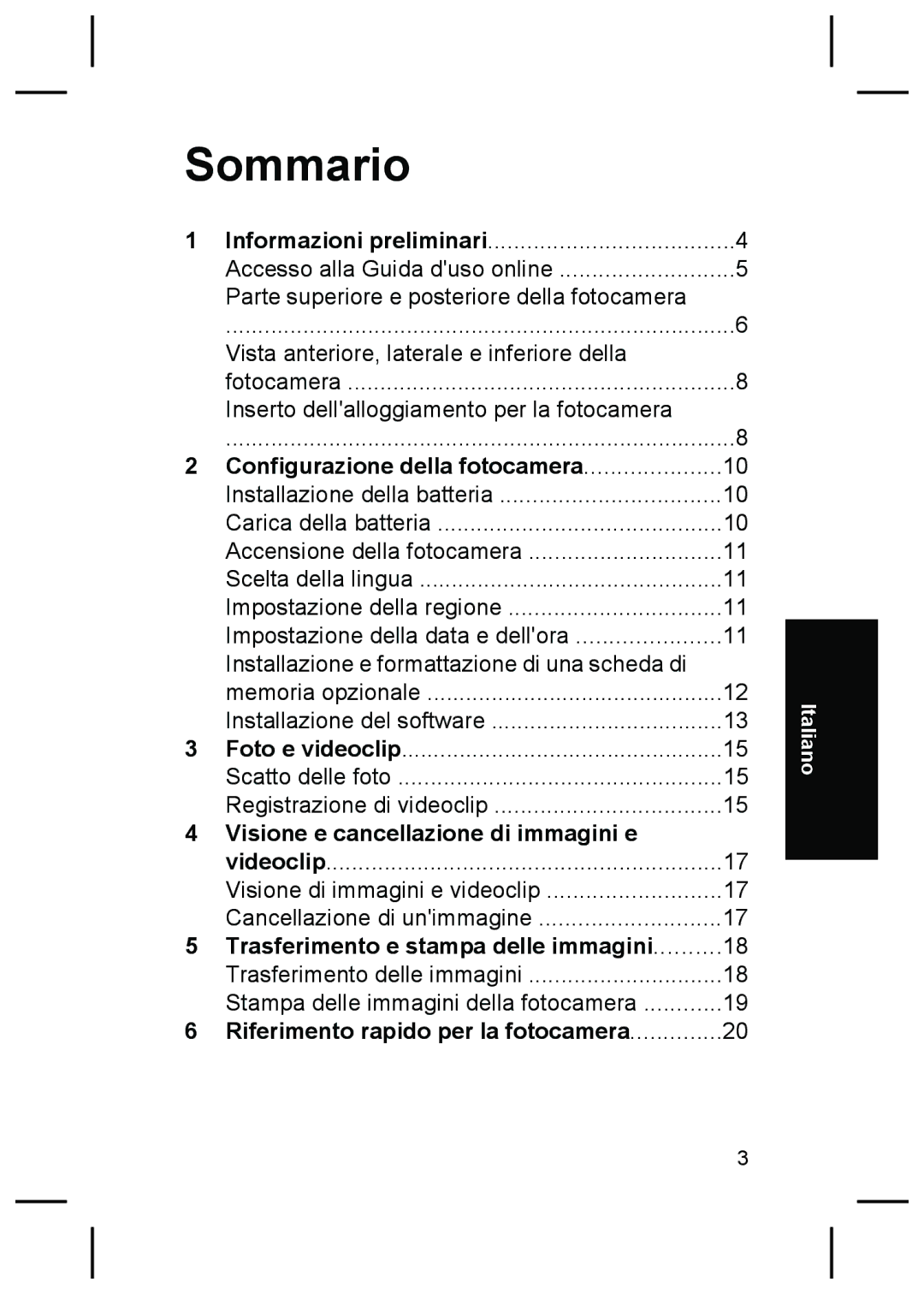 HP R827 manual Sommario, Configurazione della fotocamera, Visione e cancellazione di immagini e 