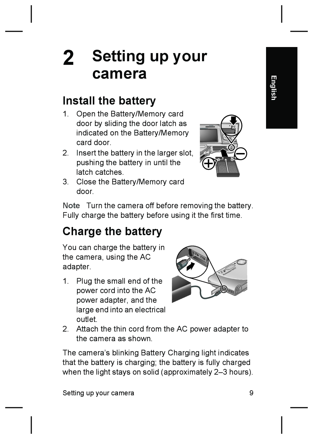 HP R827 manual Camera, Install the battery, Charge the battery 