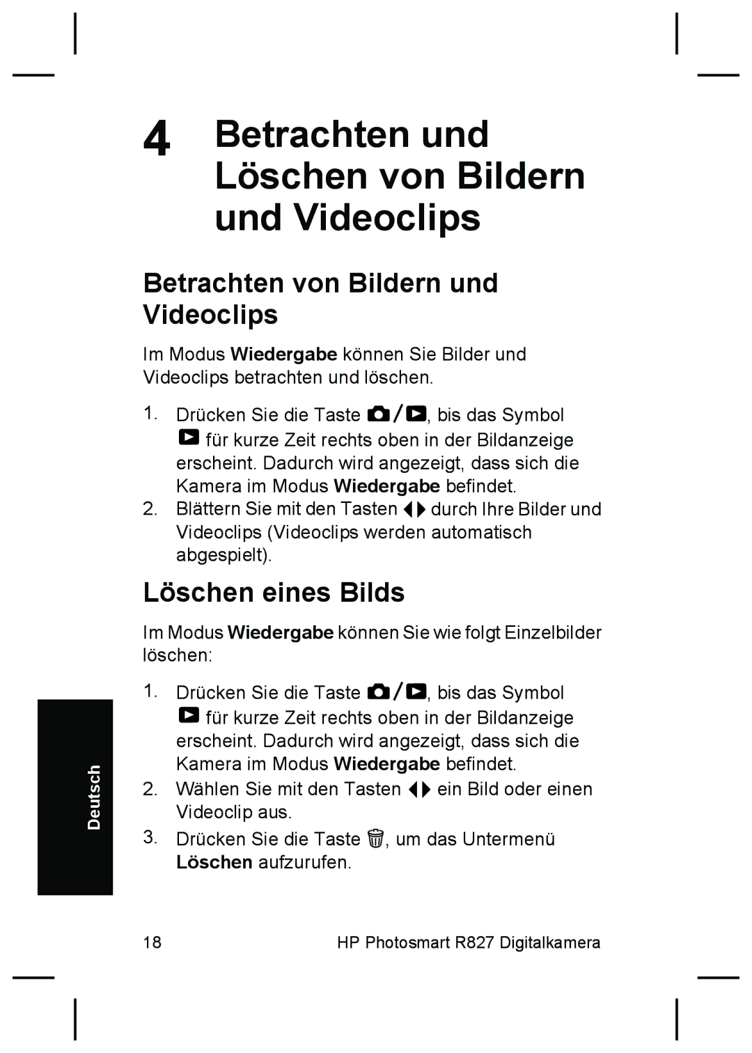 HP R827 Betrachten und Löschen von Bildern und Videoclips, Betrachten von Bildern und Videoclips, Löschen eines Bilds 