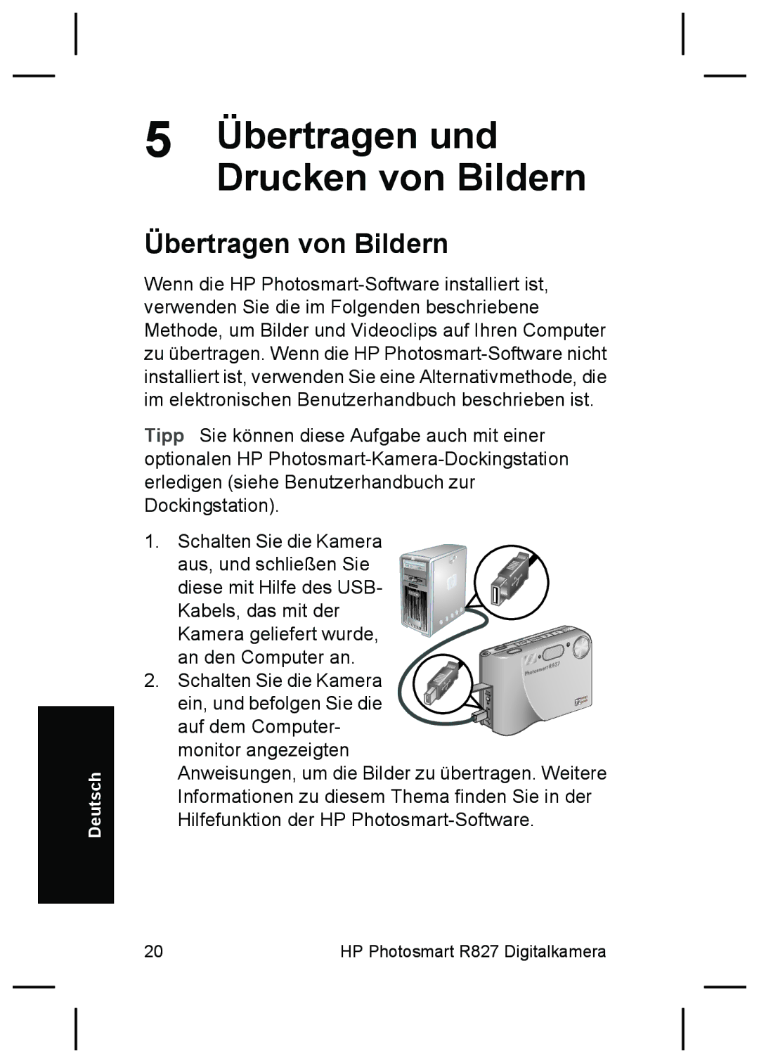 HP R827 manual Übertragen und Drucken von Bildern, Übertragen von Bildern 