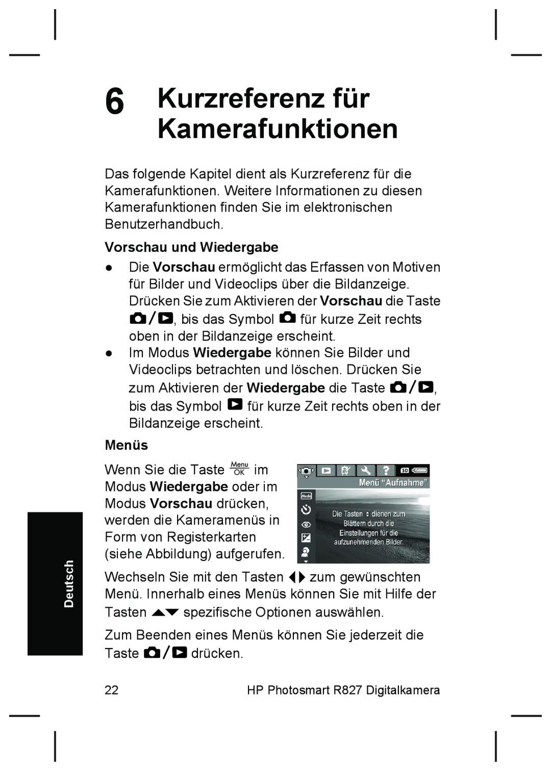 HP R827 manual Kurzreferenz für Kamerafunktionen, Vorschau und Wiedergabe, Menüs 