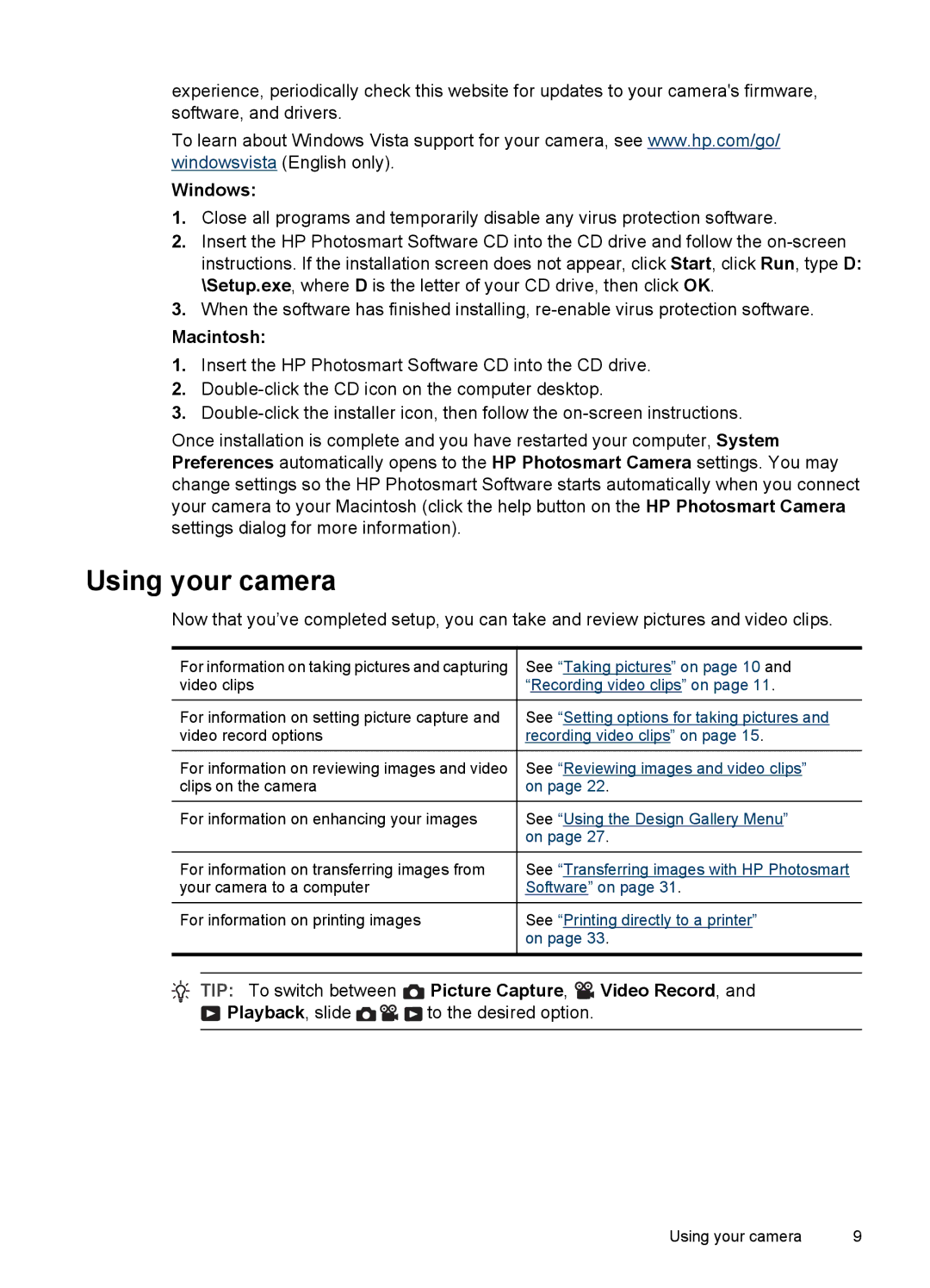 HP R830/R840 manual Using your camera, Windows, Macintosh, TIP To switch between Picture Capture, Video Record 