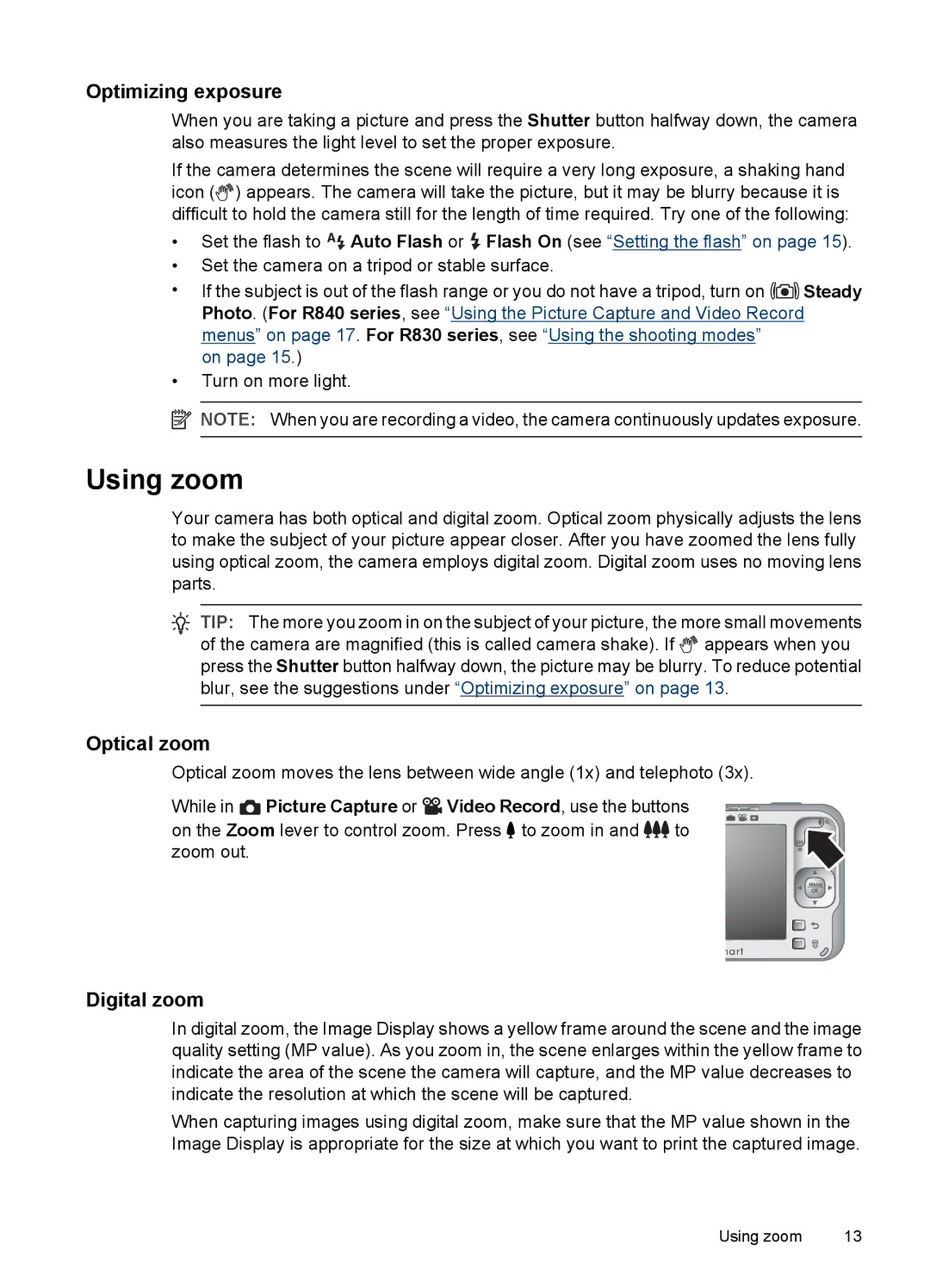 HP R830/R840 manual Using zoom, Optimizing exposure, Optical zoom, Digital zoom 