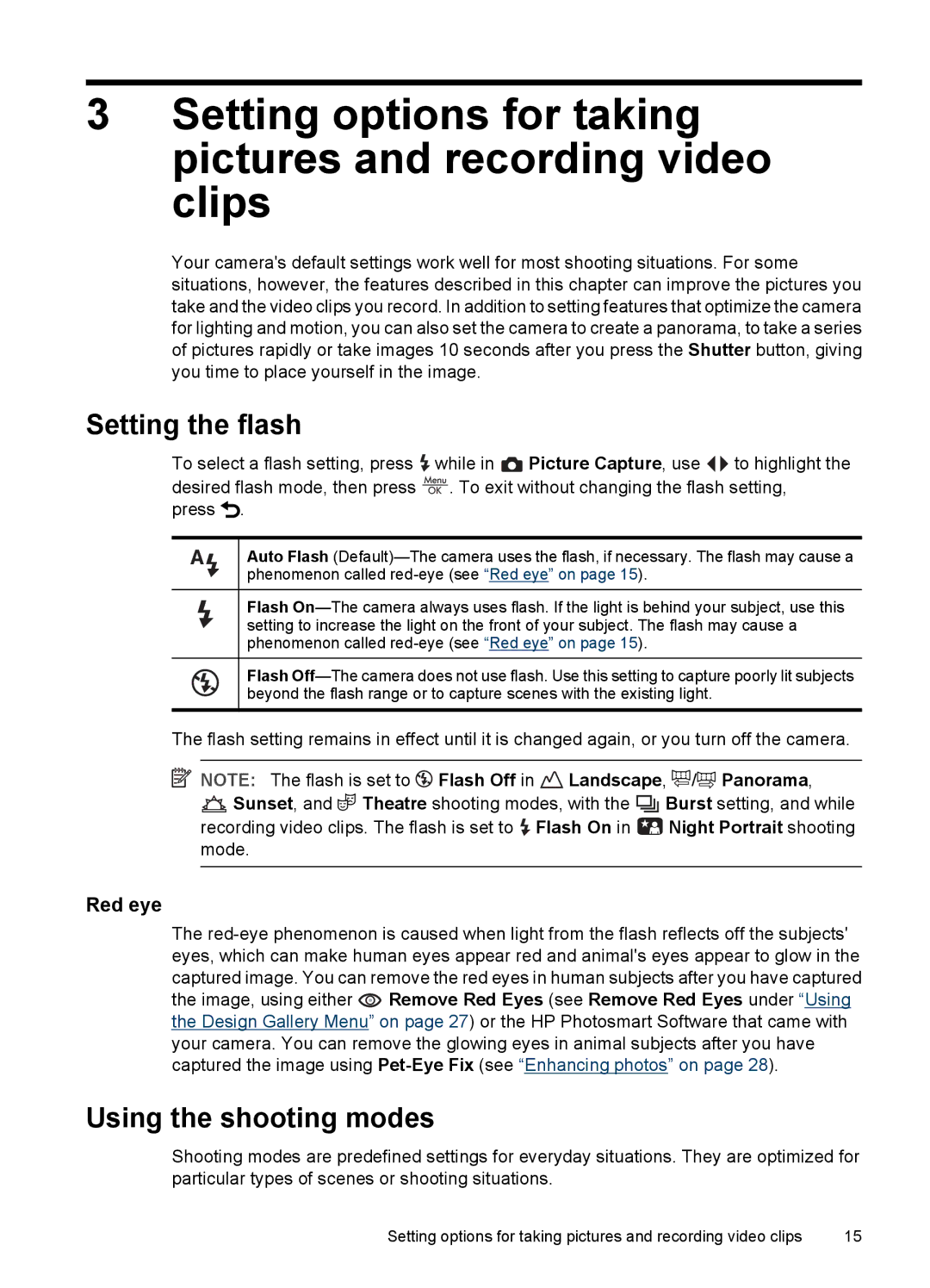 HP R830/R840 manual Setting the flash, Using the shooting modes, Red eye 