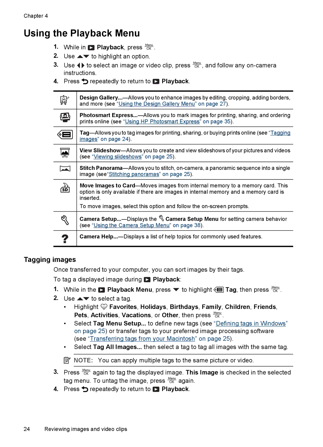 HP R830/R840 manual Using the Playback Menu, Tagging images 