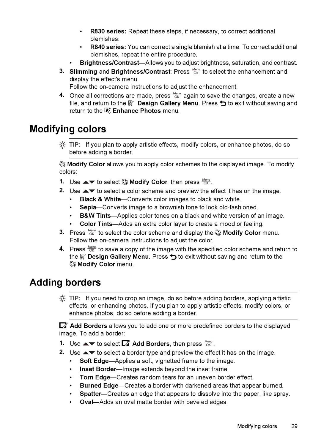 HP R830/R840 manual Modifying colors, Adding borders, Modify Color menu 