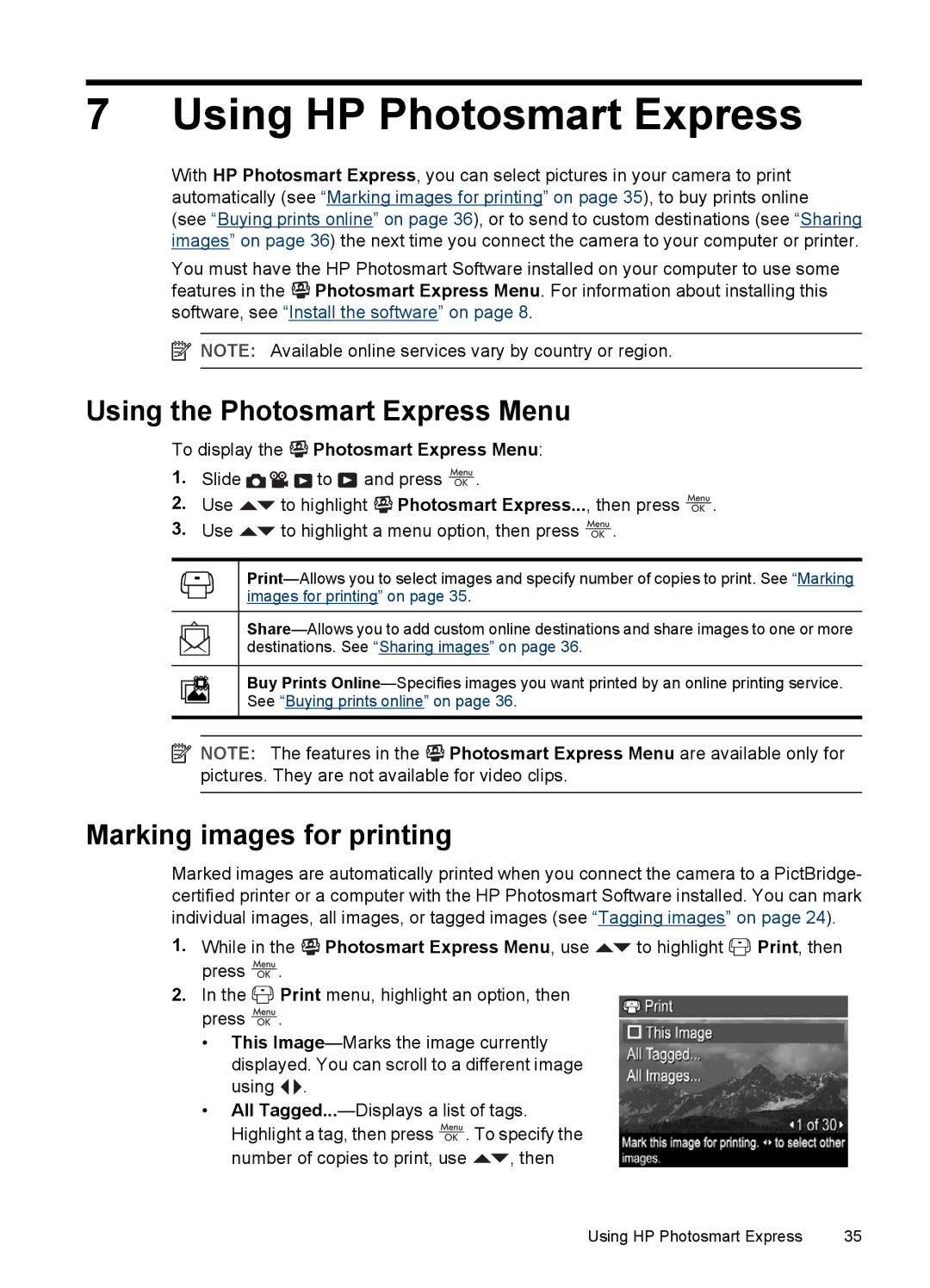 HP R830/R840 manual Using HP Photosmart Express, Using the Photosmart Express Menu, Marking images for printing 