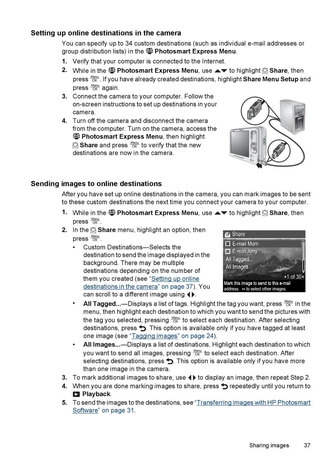 HP R830/R840 manual Setting up online destinations in the camera, Sending images to online destinations, Playback 