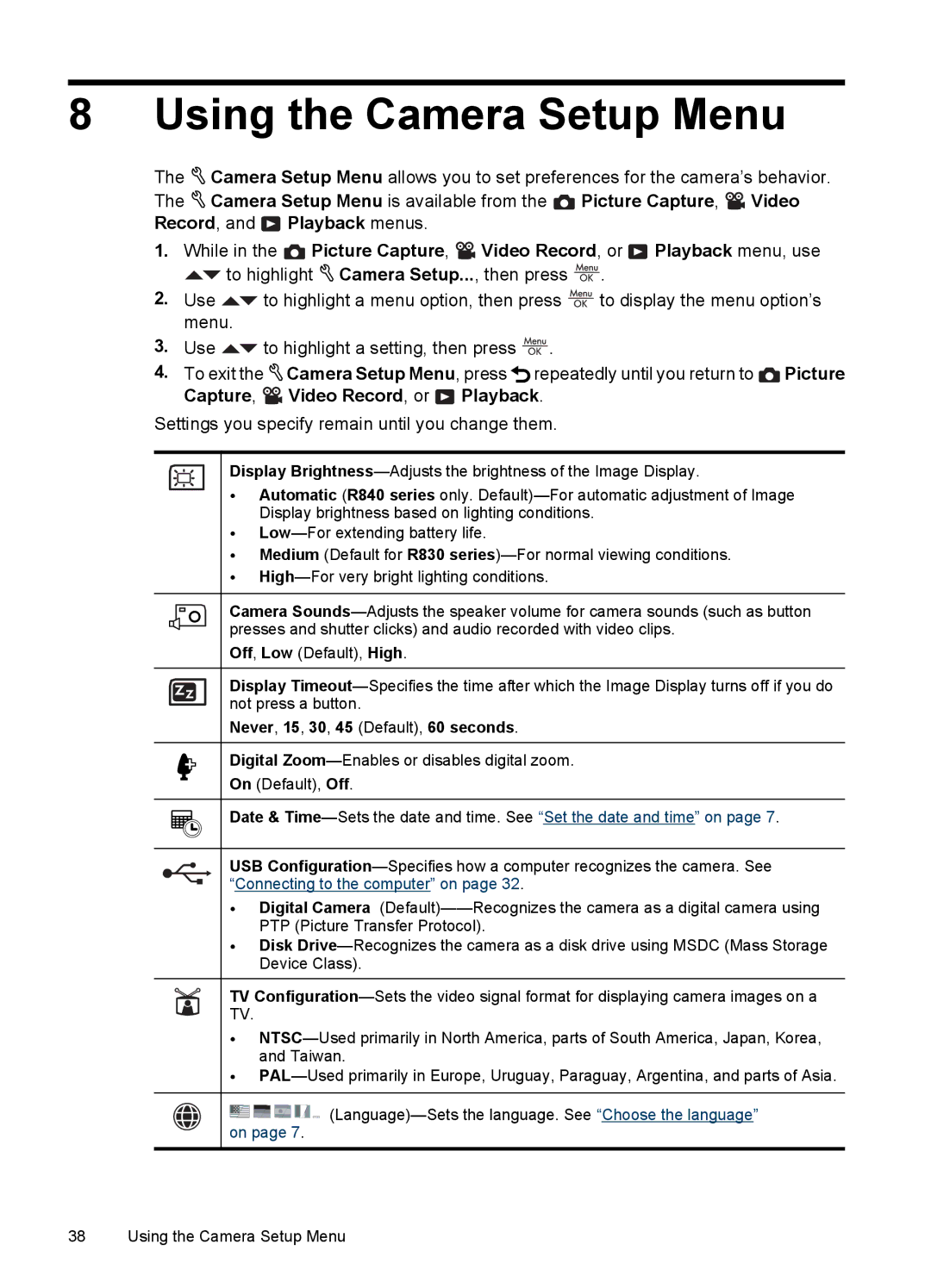 HP R830/R840 manual Using the Camera Setup Menu, Never, 15, 30, 45 Default, 60 seconds 