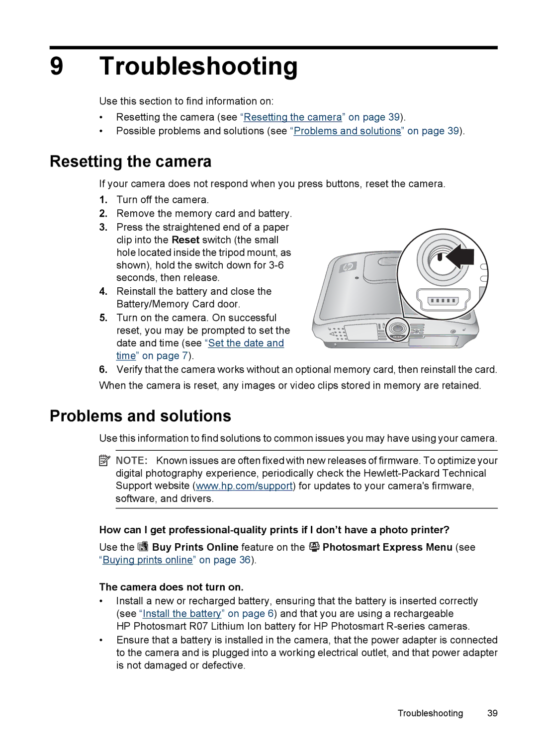 HP R830/R840 manual Troubleshooting, Resetting the camera, Problems and solutions 