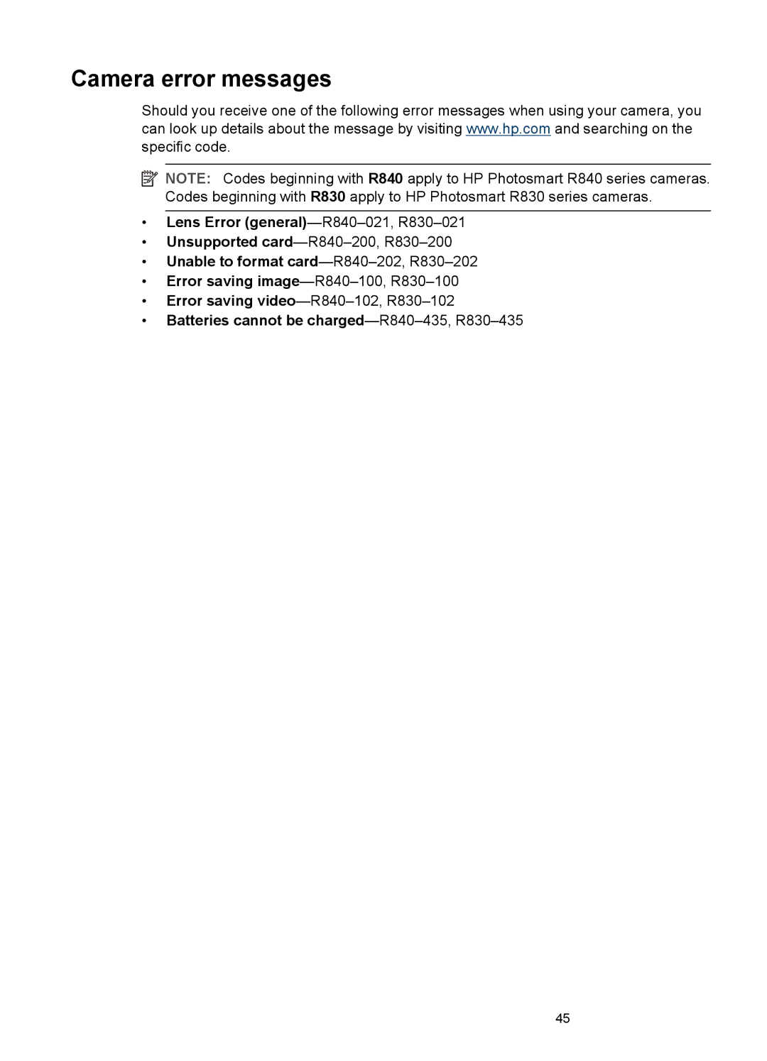 HP R830/R840 manual Camera error messages, Lens Error general-R840-021,R830-021, Unable to format card-R840-202,R830-202 