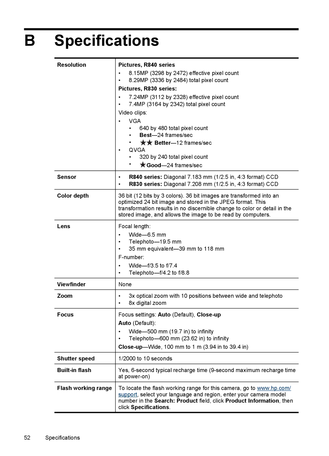 HP R830/R840 manual Specifications 