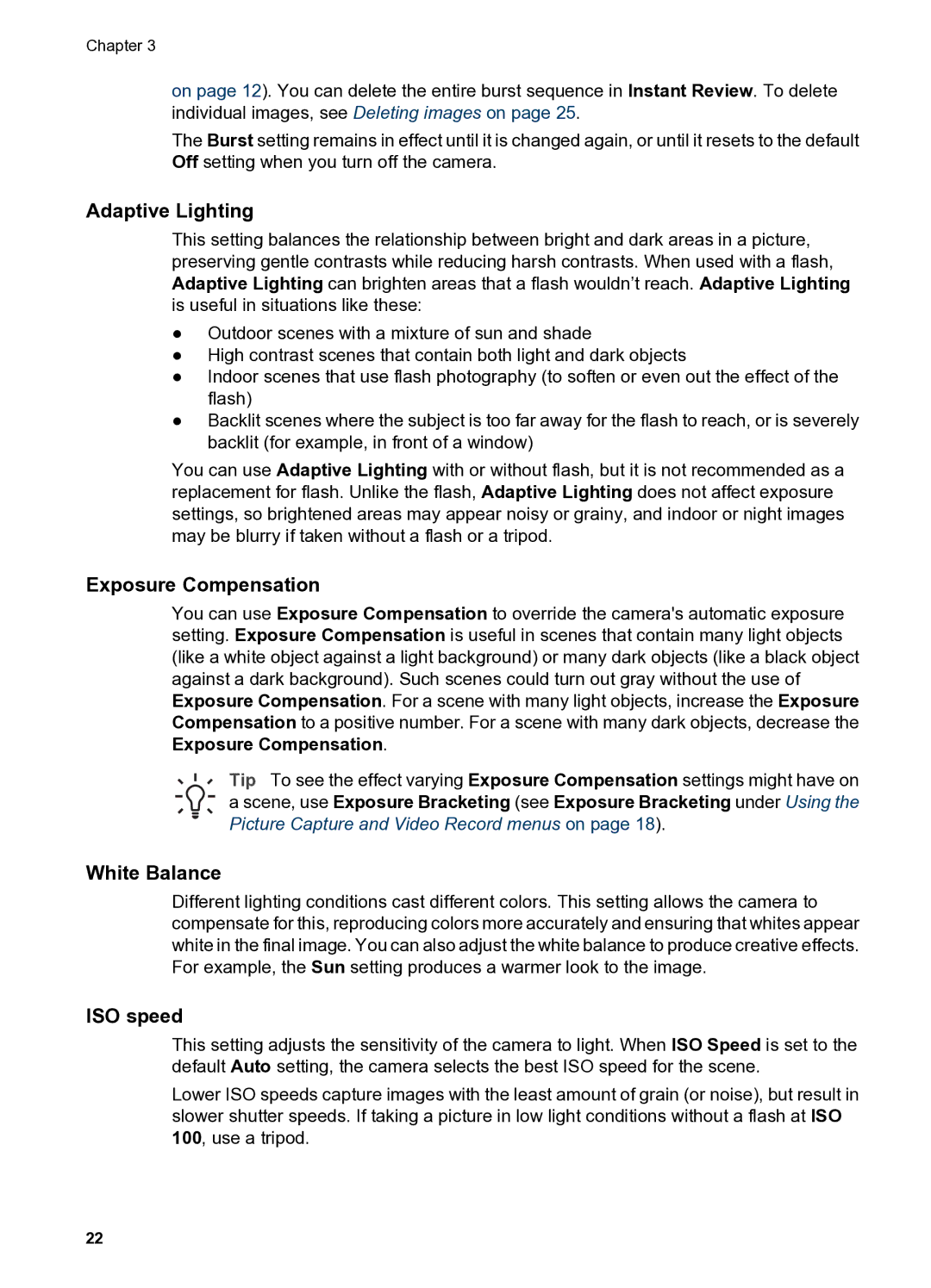 HP R837 manual Adaptive Lighting, Exposure Compensation, White Balance, ISO speed 