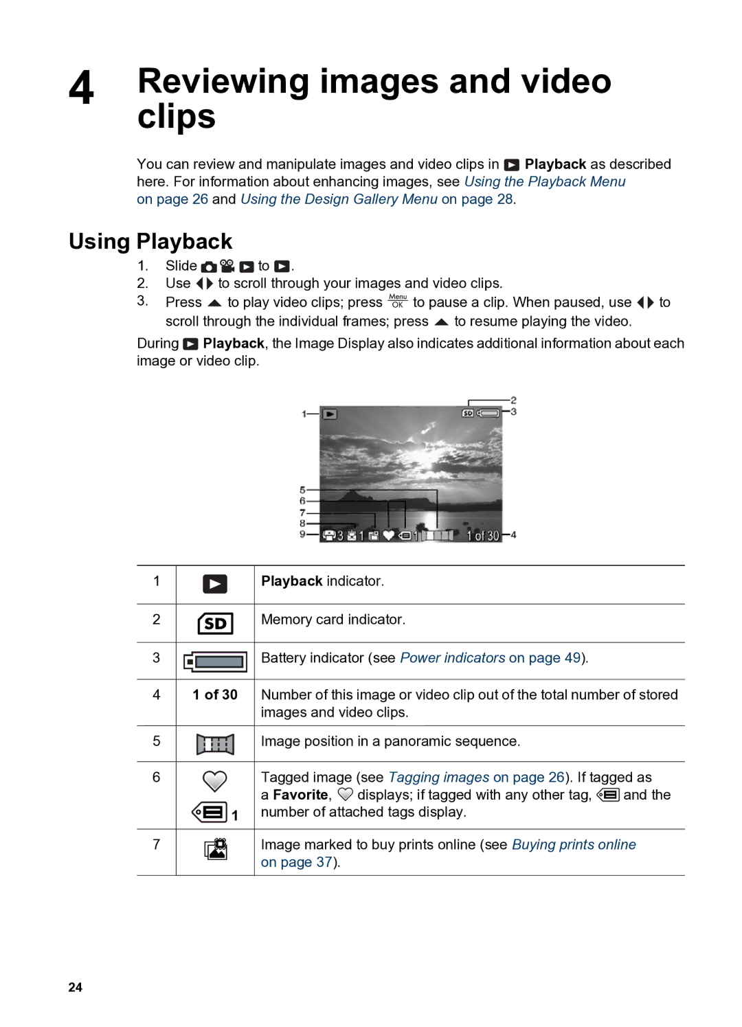 HP R837 manual Reviewing images and video, Using Playback 