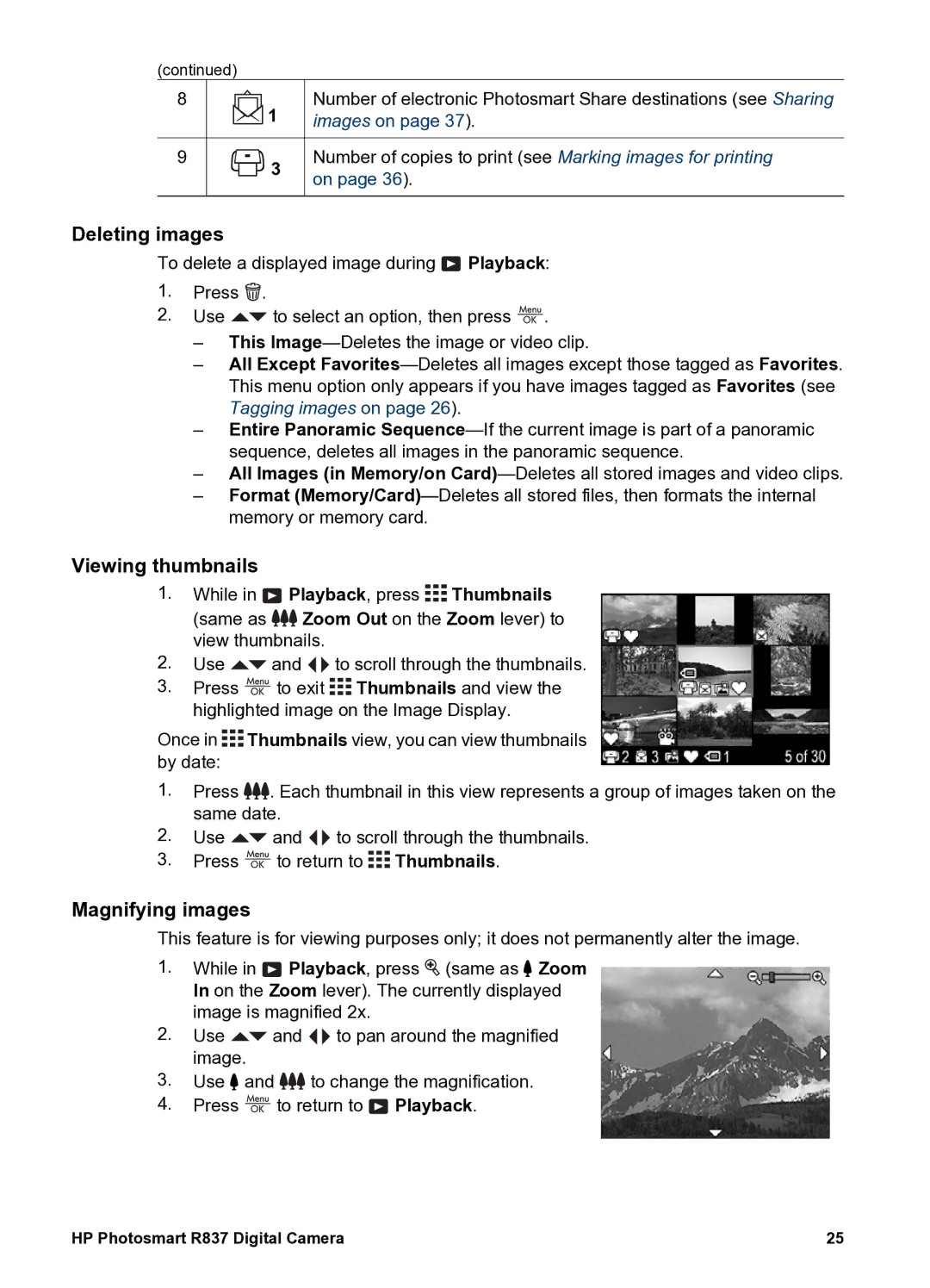 HP R837 manual Deleting images, Viewing thumbnails, Magnifying images 