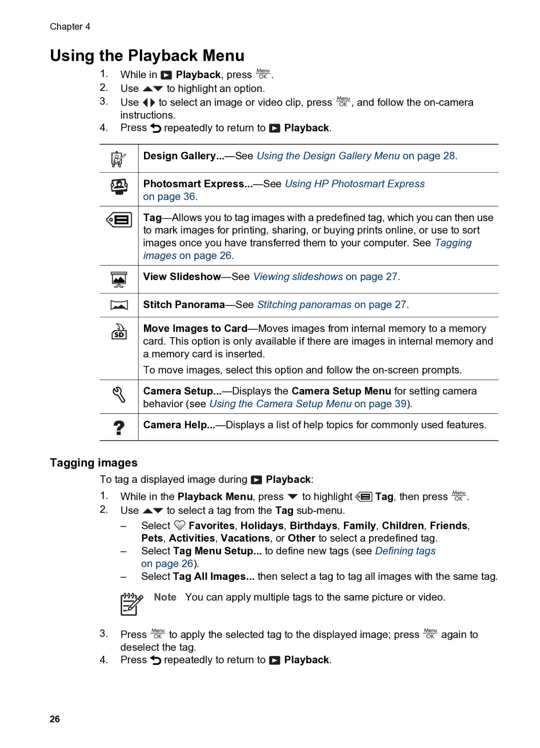 HP R837 manual Using the Playback Menu, Tagging images, Photosmart Express...-SeeUsing HP Photosmart Express on 