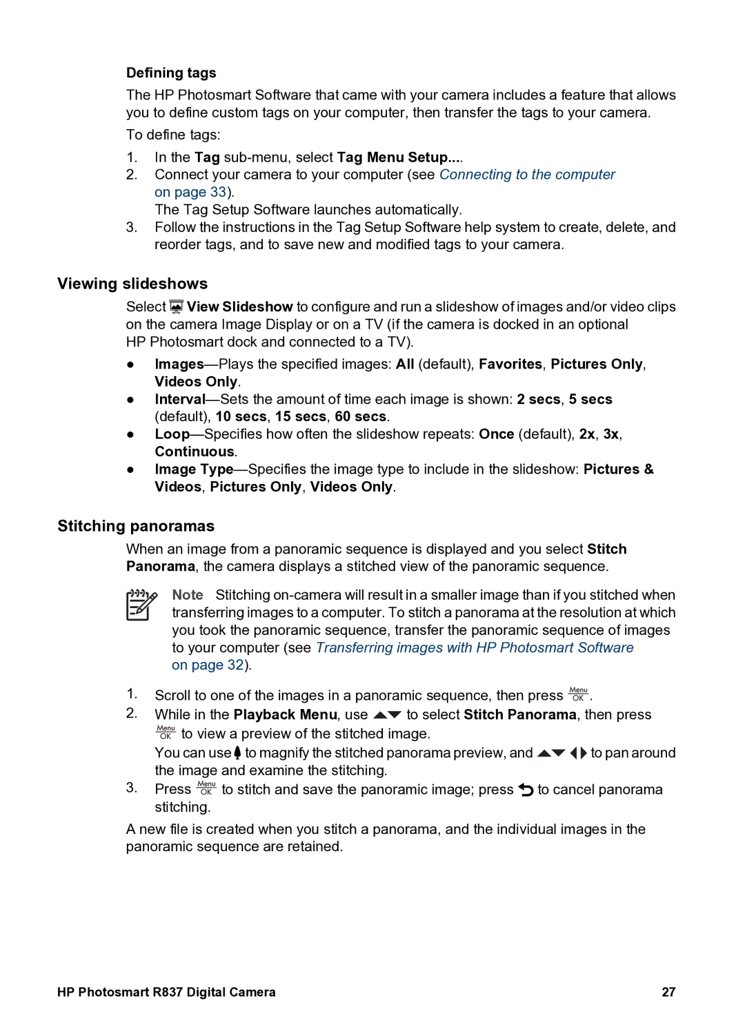 HP R837 manual Viewing slideshows, Stitching panoramas, Defining tags 