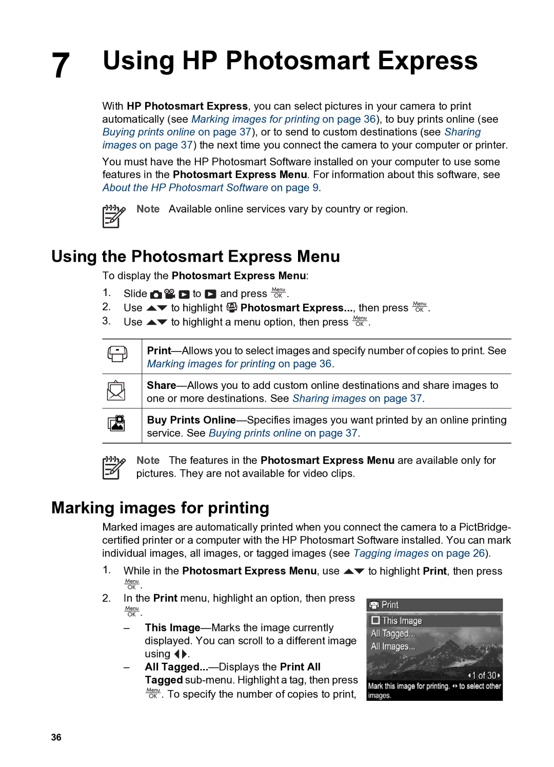 HP R837 manual Using HP Photosmart Express, Using the Photosmart Express Menu, Marking images for printing 