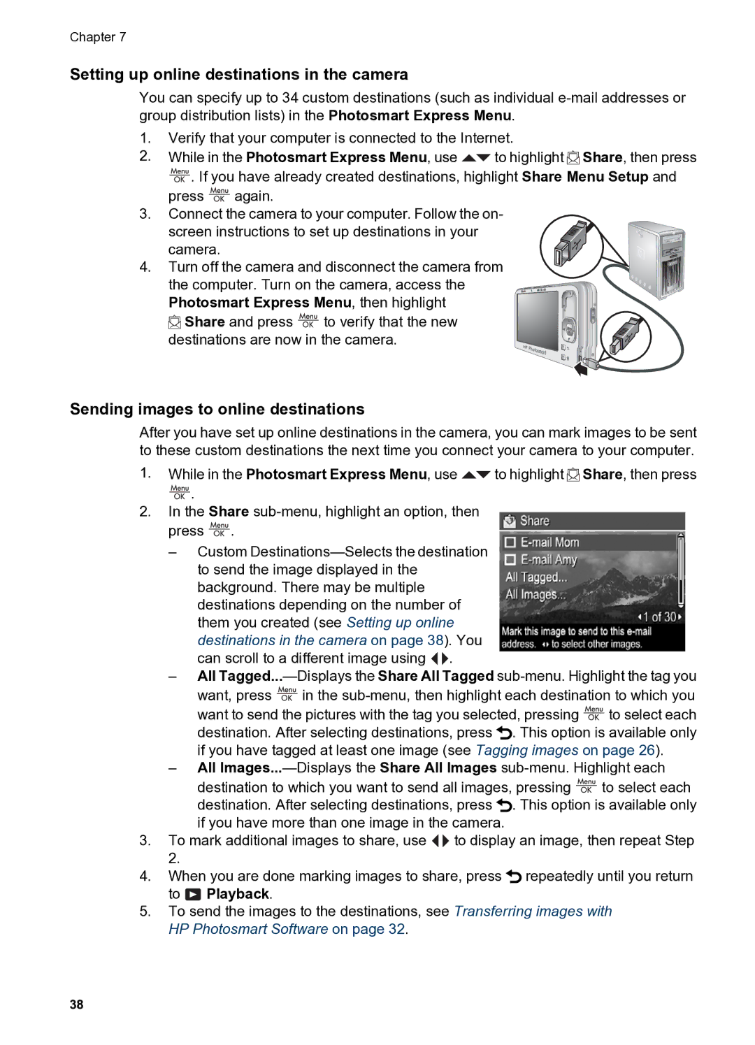 HP R837 manual Setting up online destinations in the camera, Sending images to online destinations 